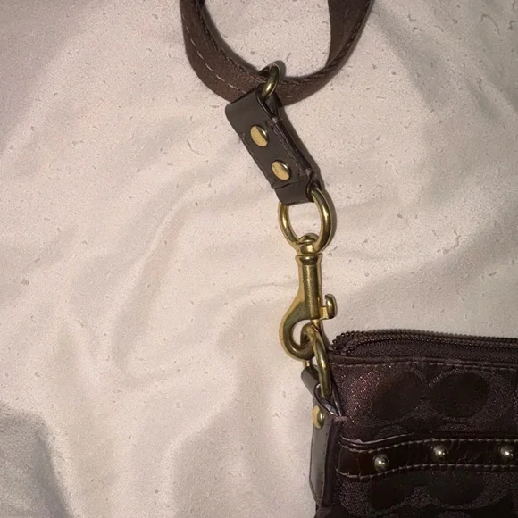 Coach Signature Jacquard Chocolate Brown Studded Crossbody Purse - Picture 2 of 10